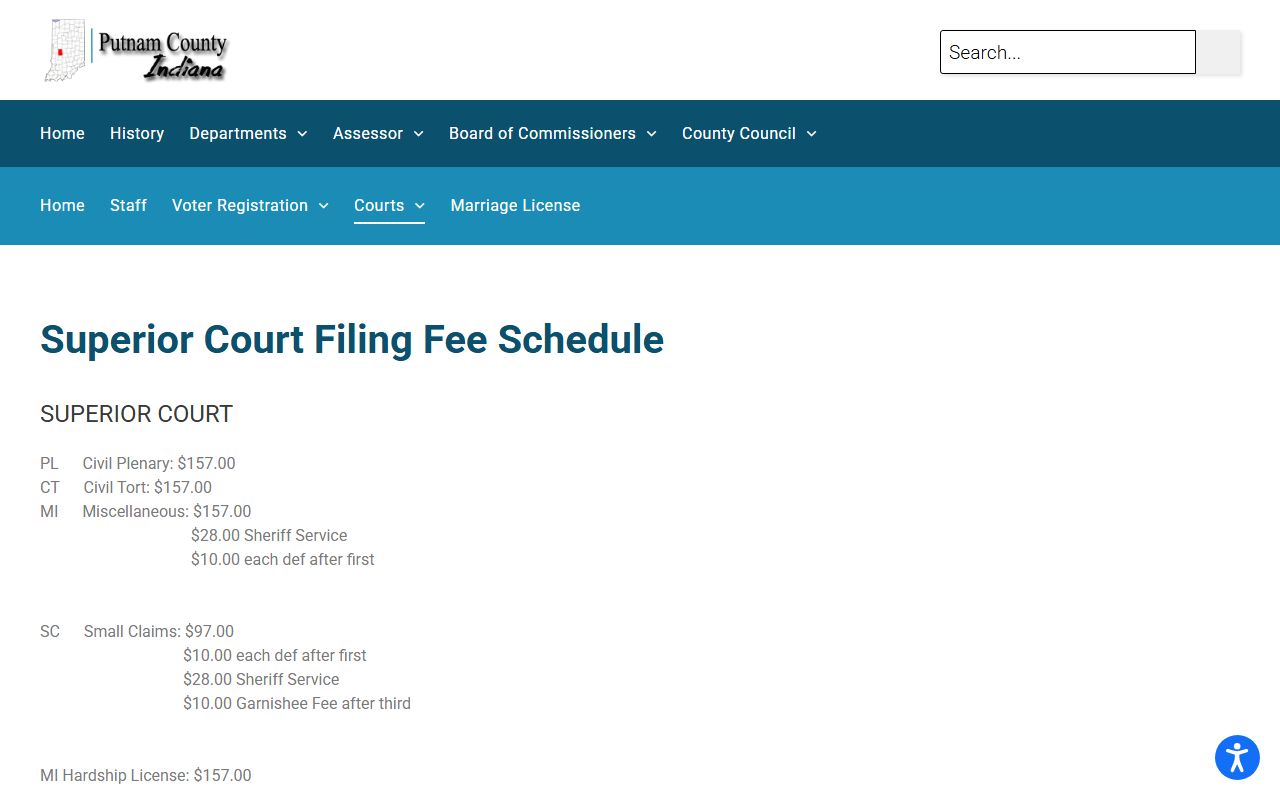 Putnam County Clerk Superior Court filing fee schedule for court records
