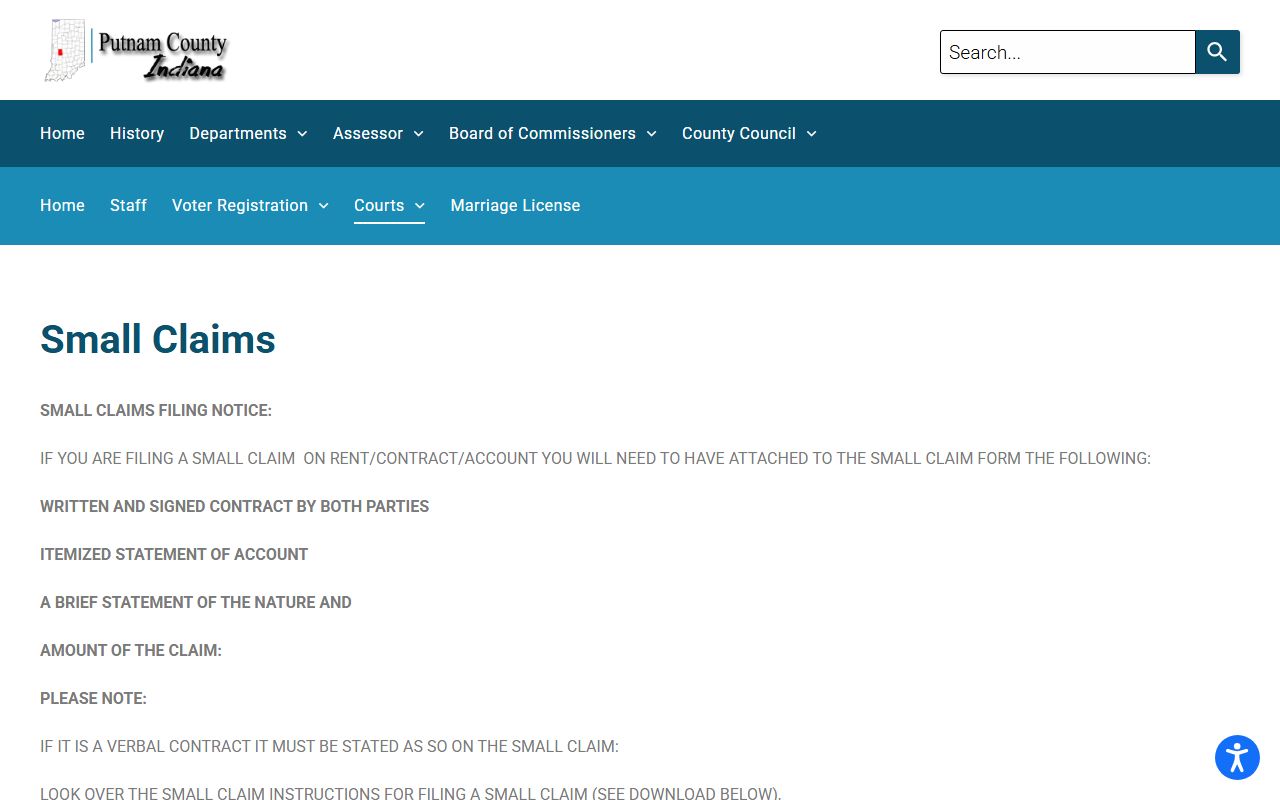 Putnam County Clerk small claims records filing instructions