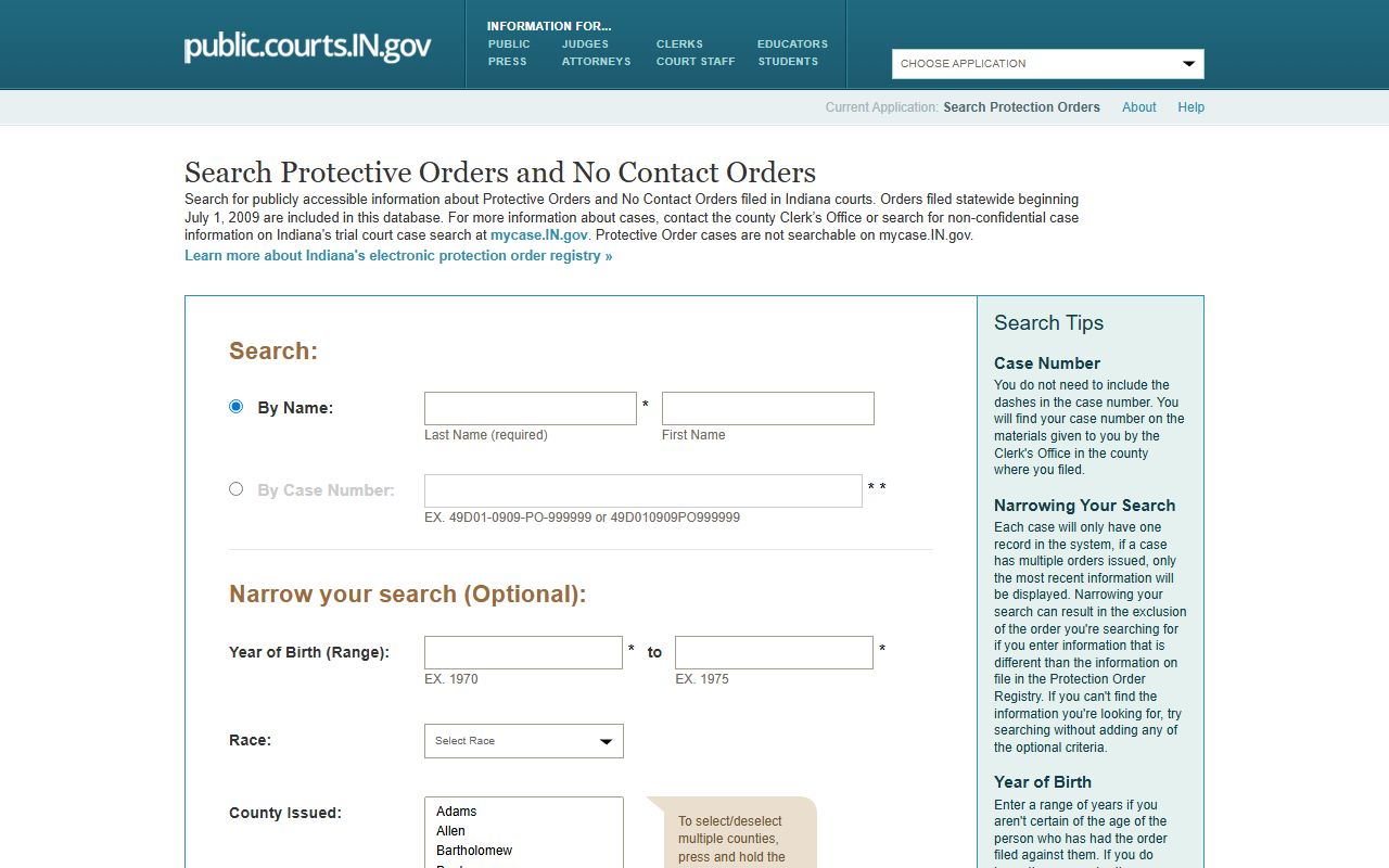 Putnam County court dockets Indiana protection order portal