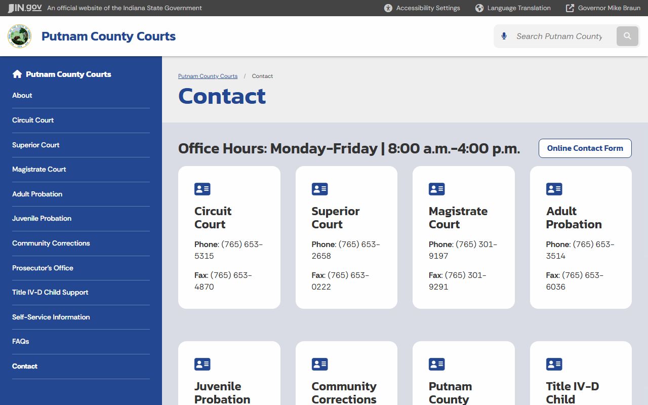 Putnam County court records contact page with phone numbers and hours