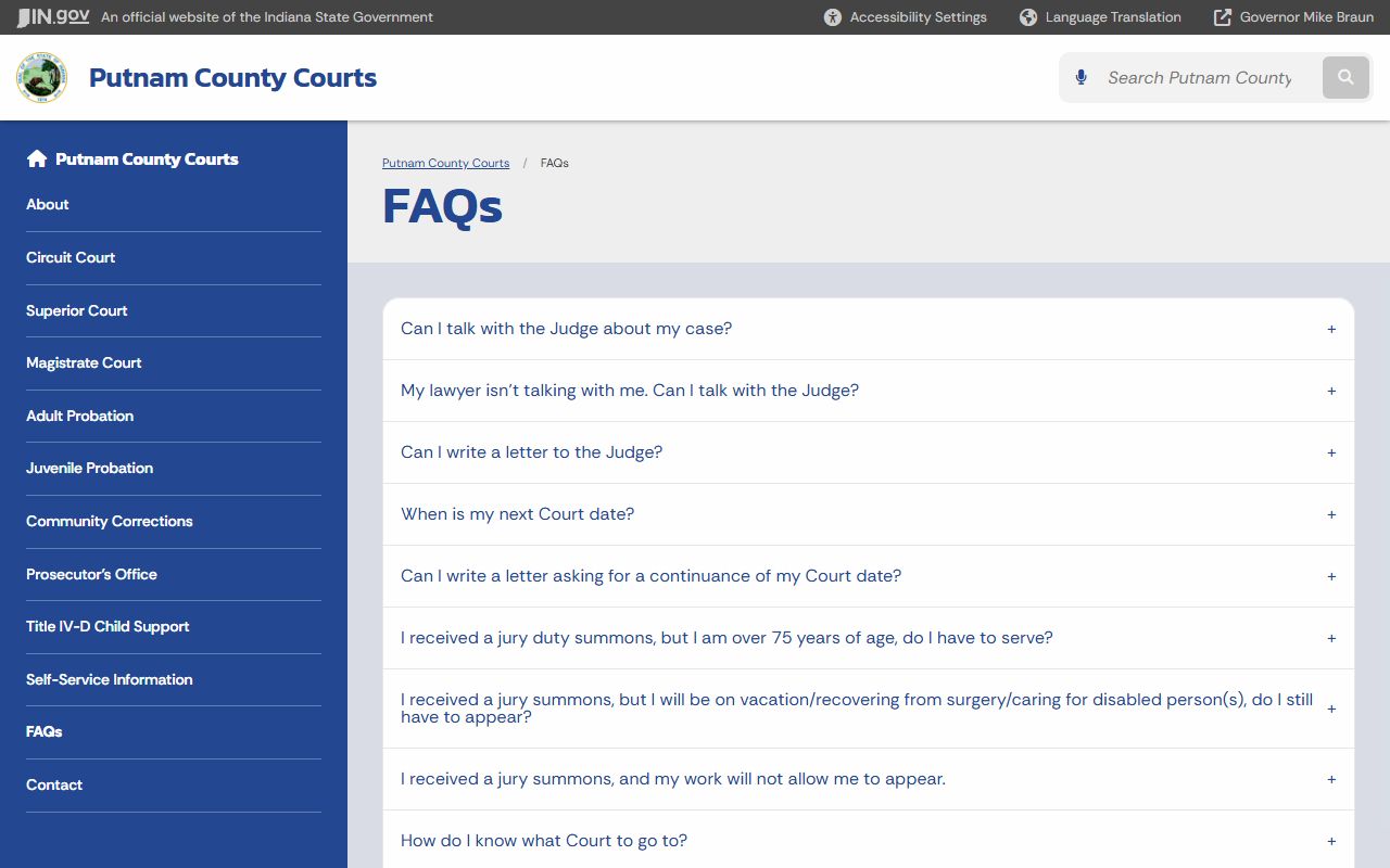 Putnam County court records official FAQ page