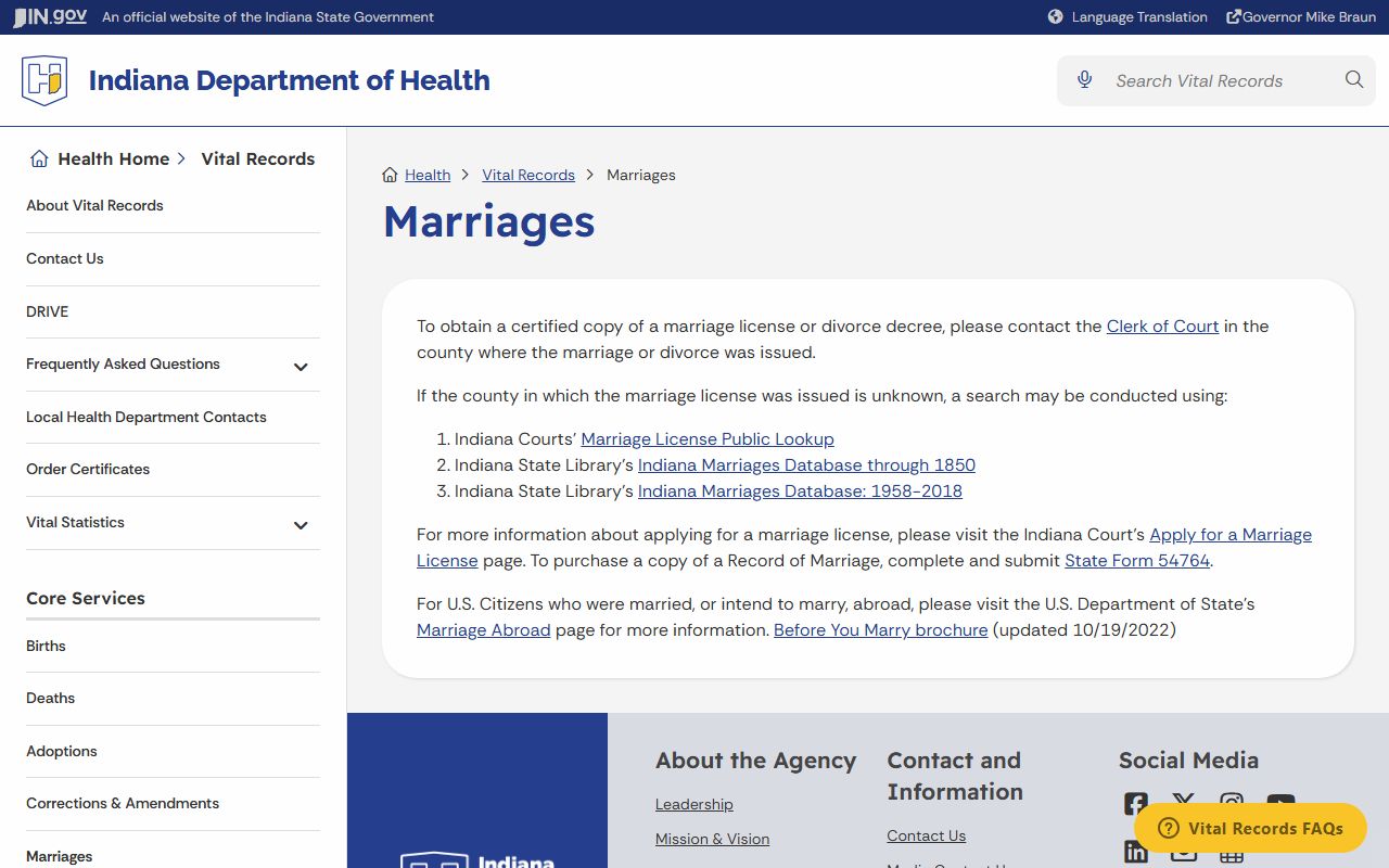 Putnam County marriage and divorce records Indiana Department of Health copy guidance