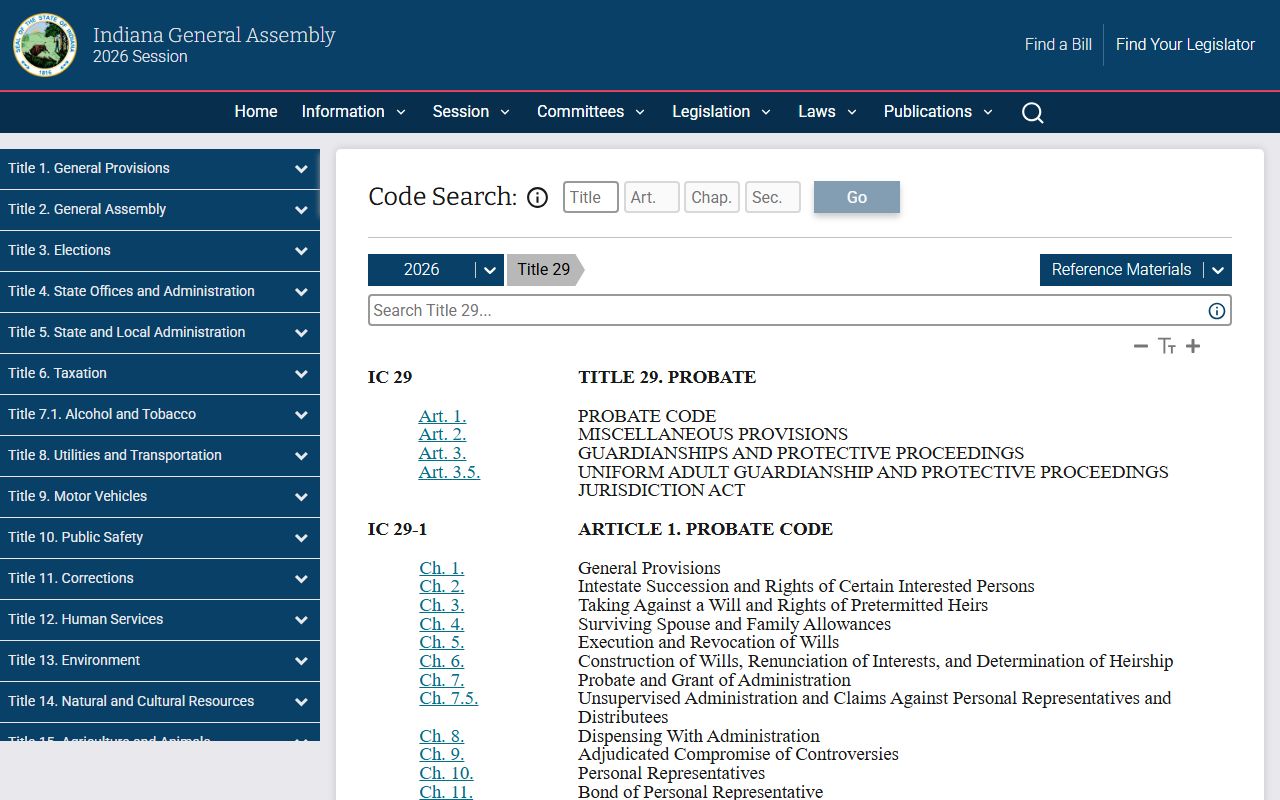 Putnam County probate records Indiana Code Title 29 probate code