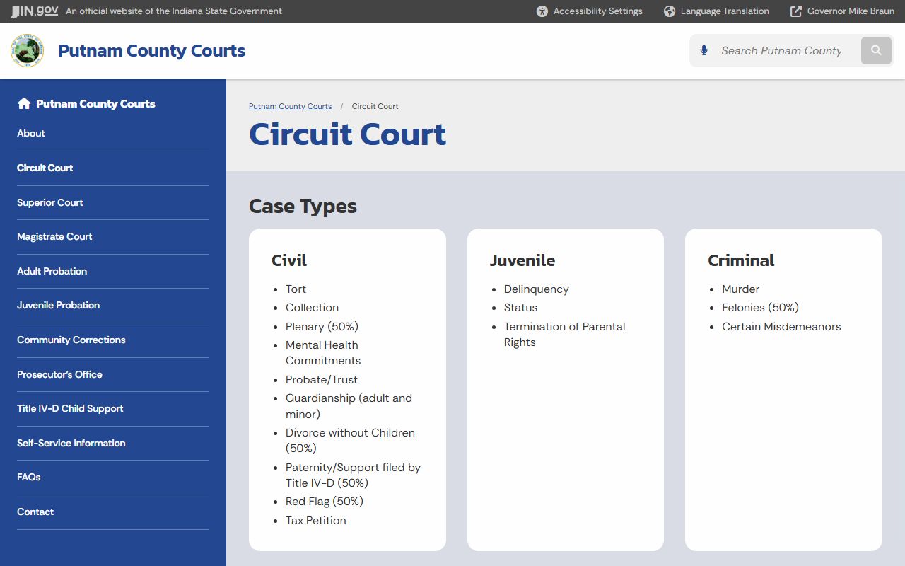 Putnam County probate records Circuit Court probate and guardianship case types