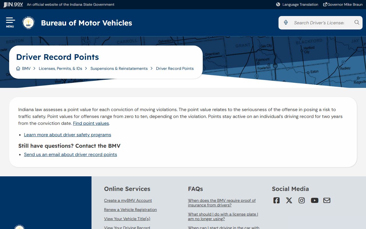 Putnam County traffic court records BMV driver points page