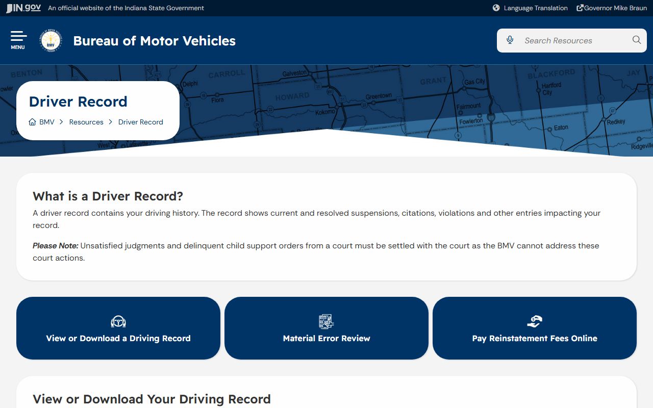 Putnam County traffic court records Indiana BMV driver record page
