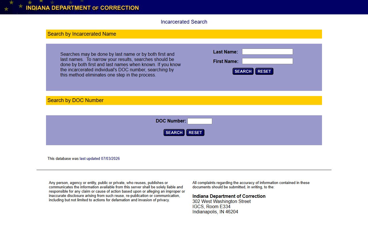 Putnam County warrant search Indiana DOC custody lookup